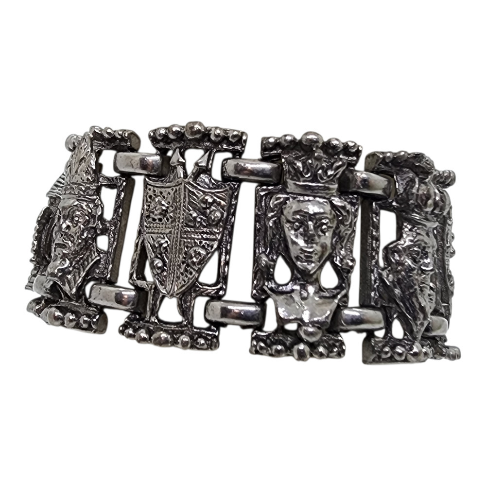 Vintage Bracelet Medieval Castle Knight Charm Wide Chunky 10k White Gold Plate